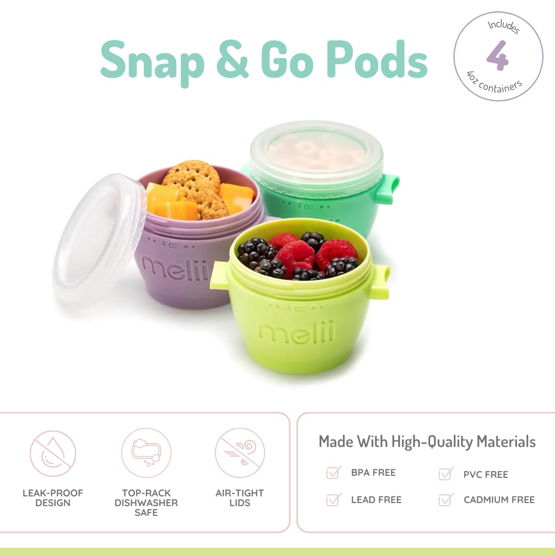 melii Snap & Go Recipientes de almacenamiento de alimentos para bebés | Paquete de 4 de 4 oz, recipientes apilables para aperitivos con tapas herméticas, sin BPA, tazas reutilizables para alimentos de