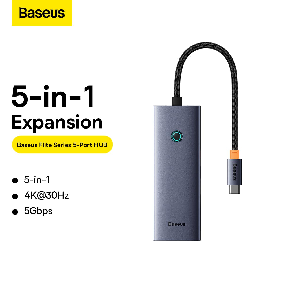 Baseus USB-C Flite Series Hub de 5 Puertos, HDMI y 4 USB3.0, Aleación de Aluminio, Velocidad hasta 5Gbps, 4K 30Hz, Gris