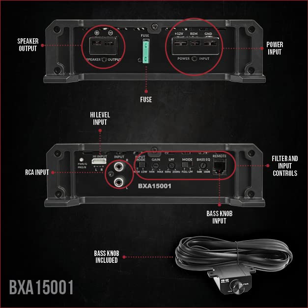 Belva BXA15001 1500W Peak BX-Series 2 ohmios estable clase A/B monobloque amplificador de audio para automóvil con control remoto de nivel de subwoofer