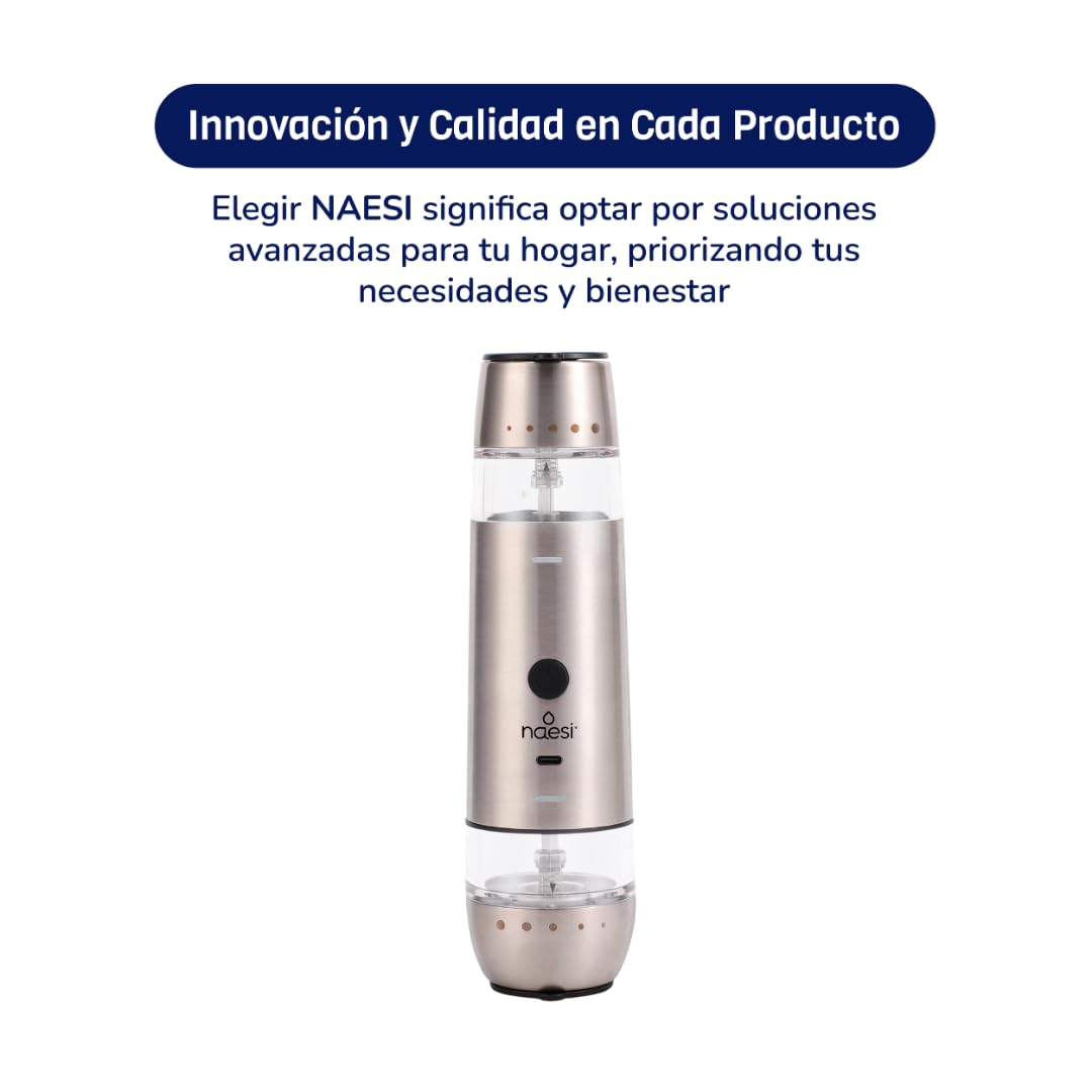 Salero Pimentero Eléctrico Naesi Vidrio y Acero Inoxidable Ajustable y Recargable para Especias, Sal y Pimienta
