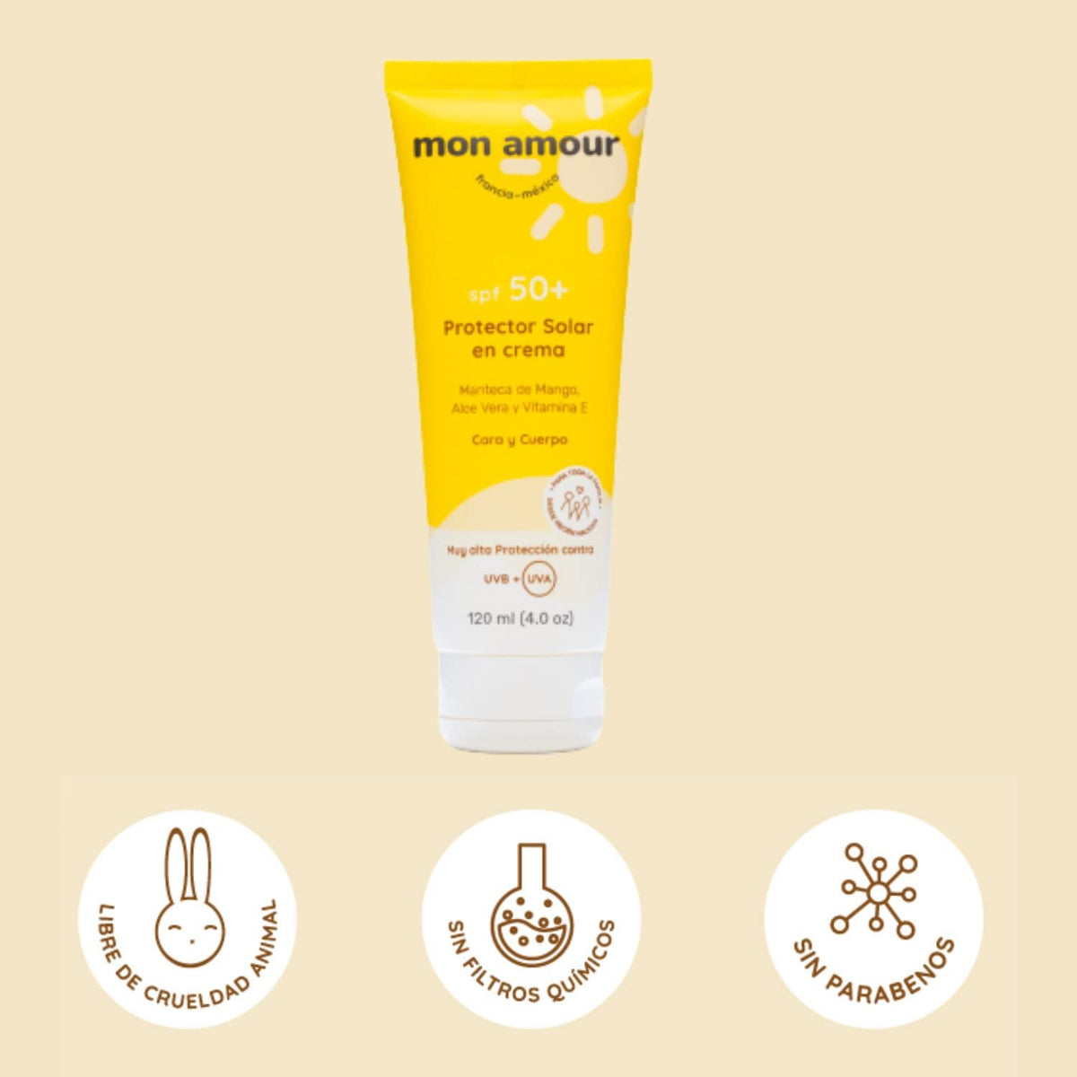 Mon Amour Protector Solar De Alta Protección SPF 50+ En Crema Para Cuerpo y Cara Con Activos Naturales de Manteca de Mango y Aloe Vera Para Pieles Delicadas De Bebés, Niños y Toda La Familia Desde Recién Nacidos 120 ML