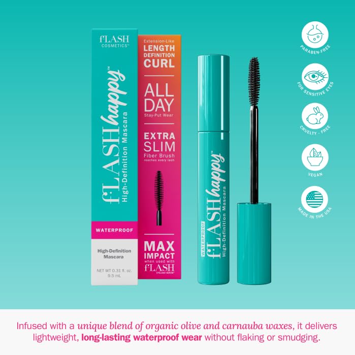 fLASH Happy High-Definition Mascara con cepillo de fibra ultrafino para alargamiento, volumen y rizo - Duración todo el día, fórmula vegana limpia, sin parabenos (True Black)