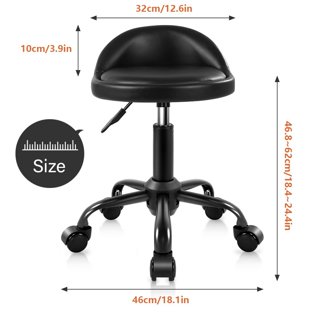 KKTONER - Taburete rodante con respaldo ajustable en altura y silla redonda con ruedas giratorias, para trabajo de dibujo de piel sintética, pequeño (negro)