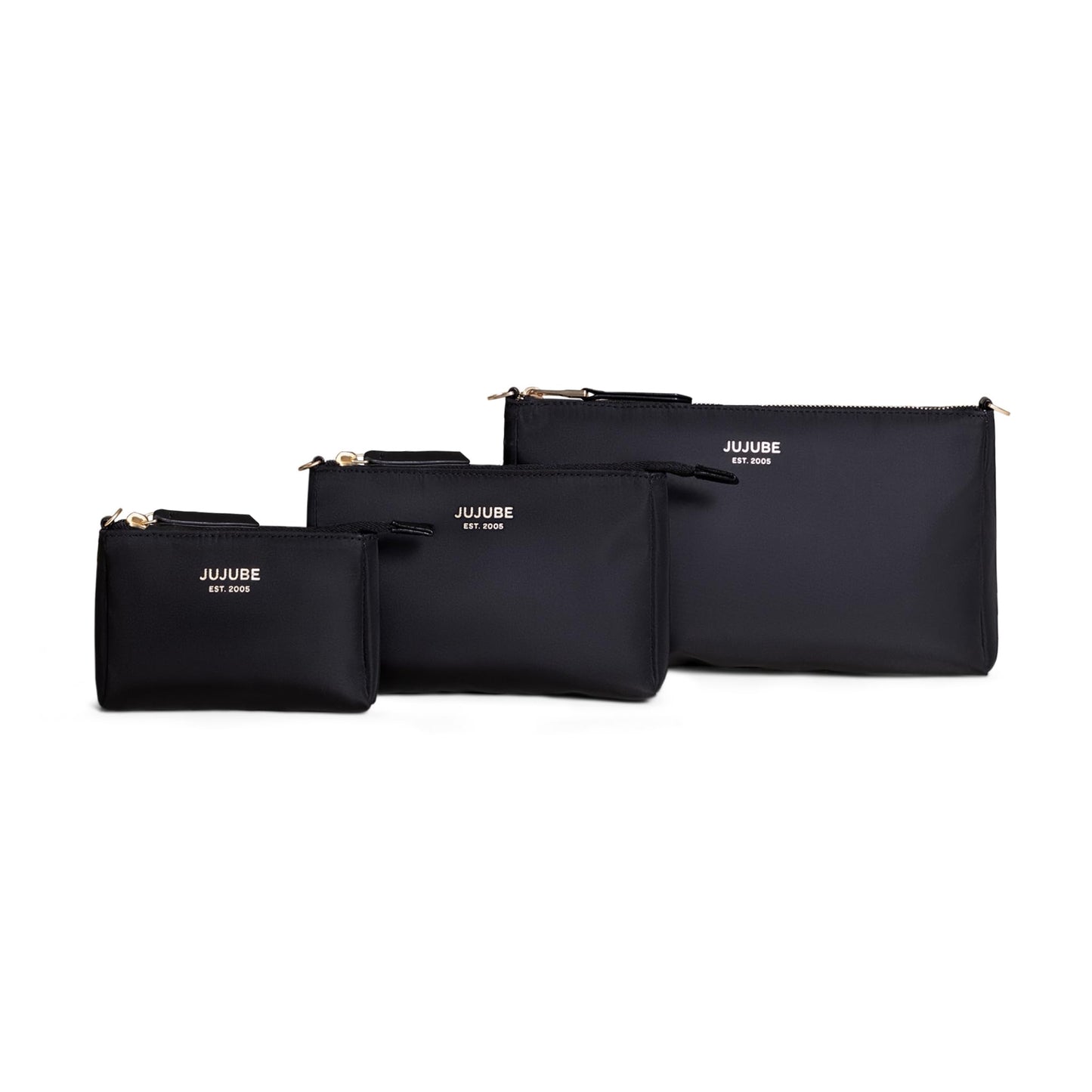 JuJuBe - Juego de bolsa de 3 piezas, bolsas organizadoras para pañales, bolso convertible a pequeño con correa cruzada, bolsa de cosméticos o maquillaje, grande, mediano y pequeño, negro