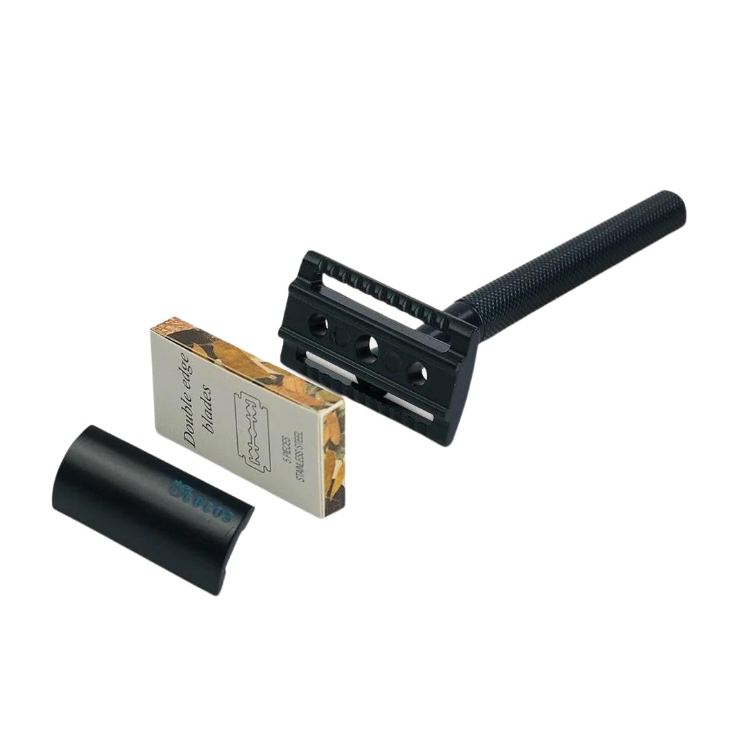My Huevos - Safety Razor Rastrillo de Afeitar Masculino con 5 Hojillas de Repuesto - Afeitado Seguro y Preciso para Barba y Bigote - Mango de Metal Antideslizante - Color Azul