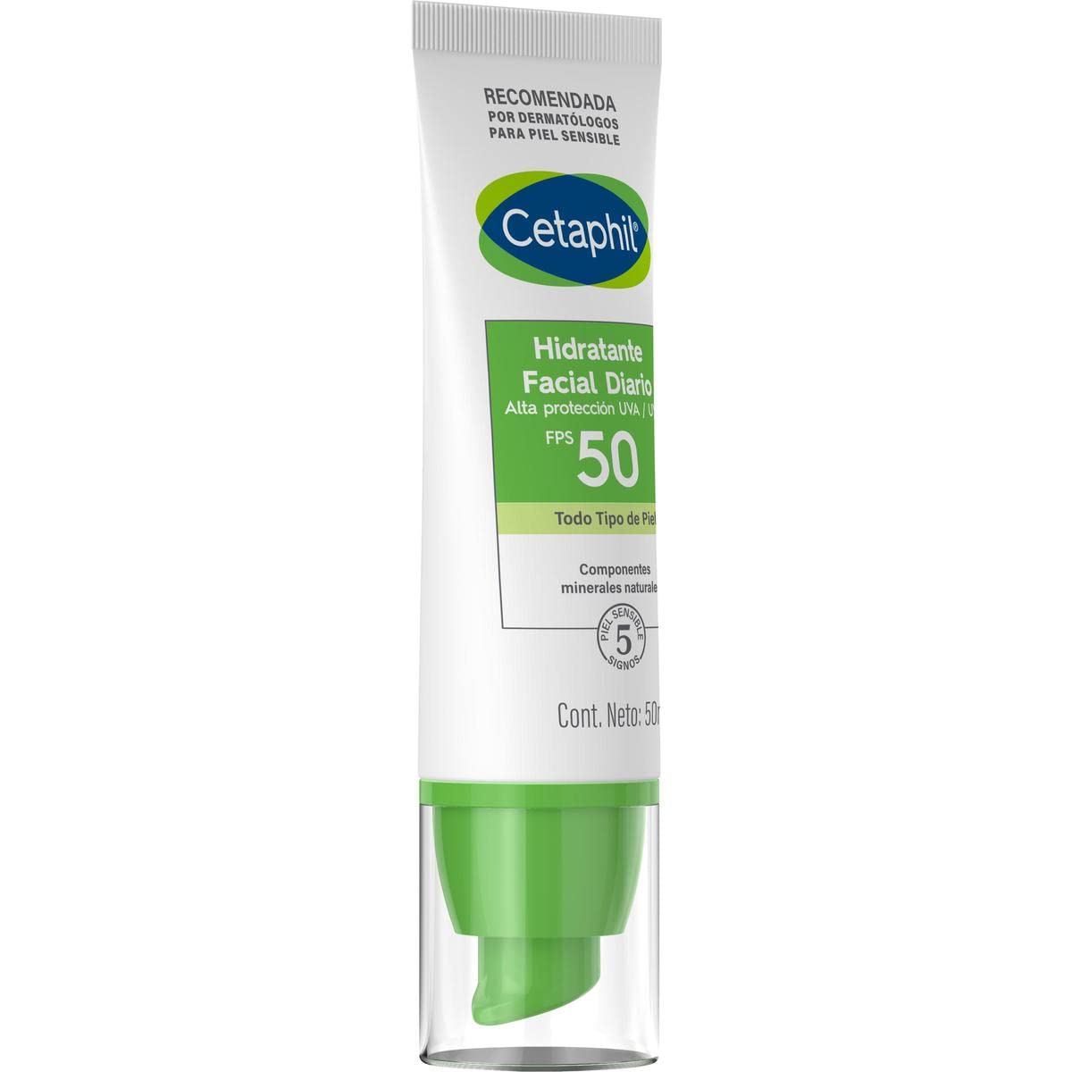 Cetaphil Hidratante Facial Diario con Protección UVA UVB y FPS 50, Hidrata con Fotoprotección UVA UVB Recomendada por Dermatólogos para Piel Sensible