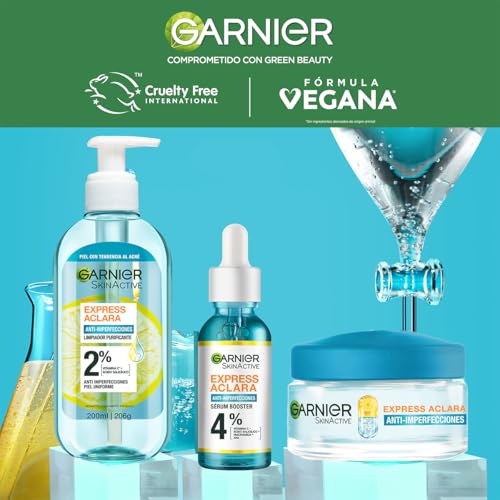 Kit Garnier Express Anti Imperfecciones para piel grasa con Ácido Salicílico + Vitamina C: Gel Limpiador Facial + Serum anti acne + Crema Facial Hidratante Matificante en Gel