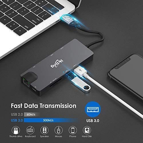 Hub USB C, adaptador 3 en 1 USB C con 4K USB C a HDMI, VGA, carga USB C, 2 USB 3.0, lector de tarjetas SD/TF, USB C a 3,5 mm, Gigabit Ethernet, base USB C compatible con Apple MacBook Pro 13/15 (Thunderbolt 3)