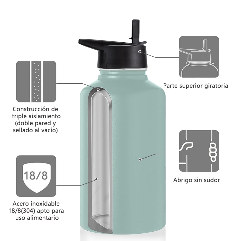 Free Wolf 64OZ Termo de Acero Inoxidable A Prueba de Fugas Con 3 Tapas y Asa, Doble Aislamiento Térmico para 24 Horas de Agua Fría y 12 Horas de Caliente