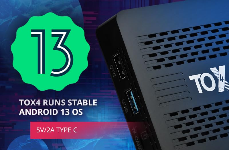 SHYSKY Android TV Box, TOX4 TV Box Android 13.0 RK3528 4GB RAM 32GB ROM 2.4G/5G WiFi 1000M BT5.1 USB3.0 4K H.265 HDR Box