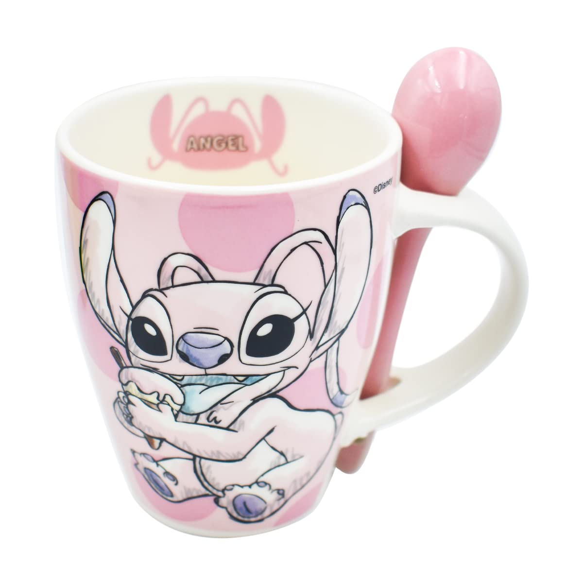 Fun Kids 1738-252 Set de Tazas para Pareja, Taza para Café, Té o Infusiones de Cerámica, Tarro Disney con Diseño Original Stitch y Angel con Cuchara y Caja de Regalo de 410 mililitros, Color Azul y Rosa