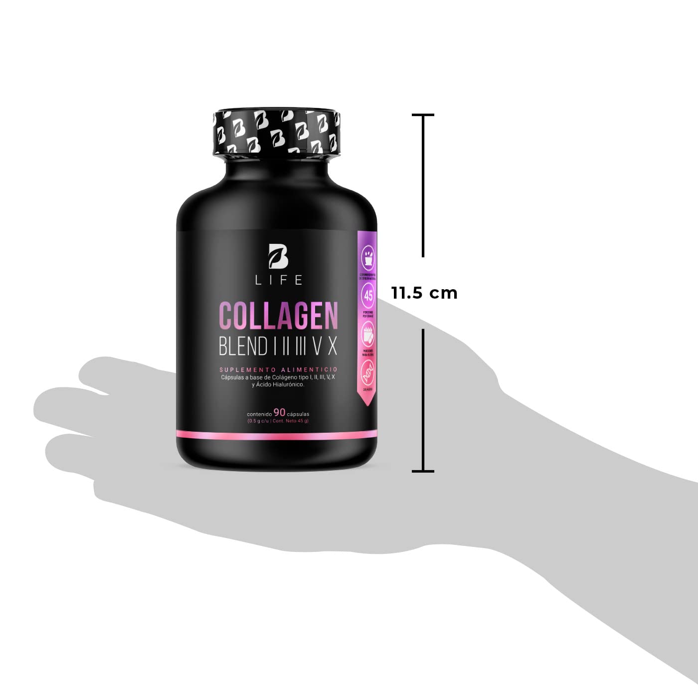 Colágeno Hidrolizado Tipo I, II, III, V y X de 90 Cápsulas 1000 mg por porción. Adicionado con Vitamina C y Ácido Hialurónico. Ingredientes Naturales. Collagen Blend I, II, III, V X B Life