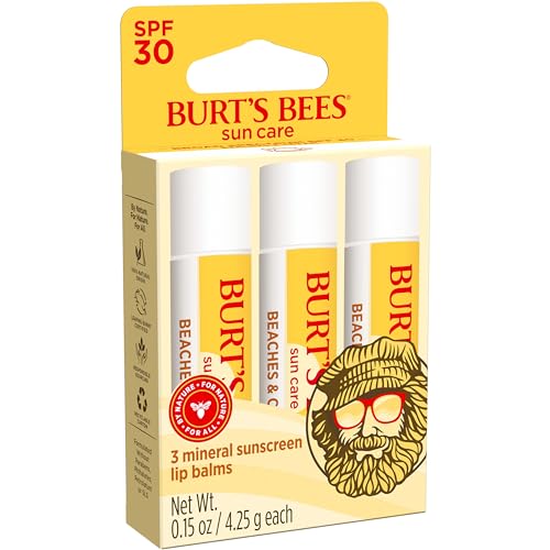 Burt's Bees Beaches and Cream Sun Care SPF 30 Lip Balm, Water-Resistant Lip Moisturizer, Nano-Free Zinc Oxide Formula, Natural Conditioning Lip Treatment, 3 Tubes, 0.15 oz