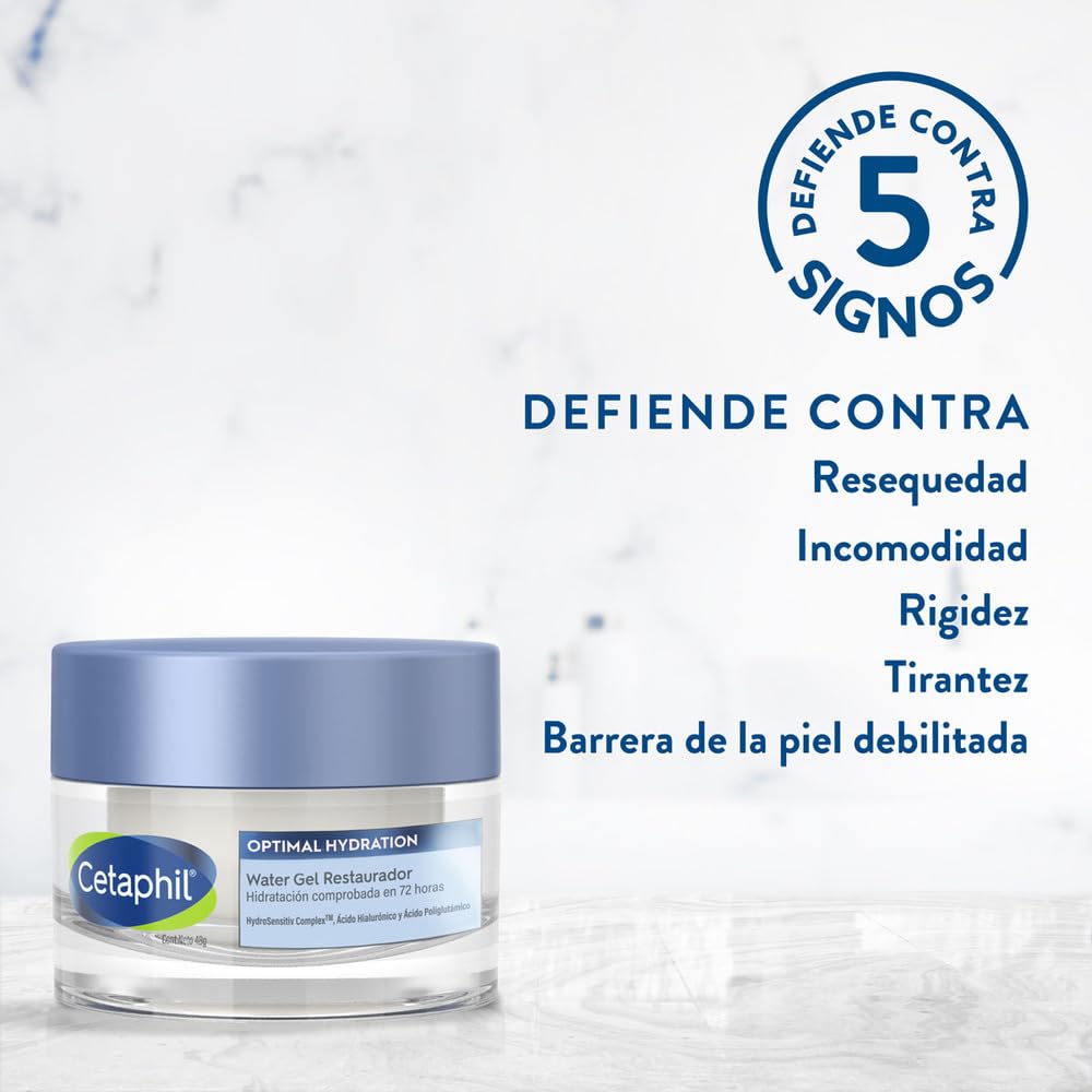 CETAPHIL OPTIMAL HYDRATION WATER GEL 48gr 72 hrs de Hidratación Piel Deshidratada y Sensible con Ácido Hialurónico Poliglutámico y Vitaminas Recomendado por Dermatólogos para Piel Sensible