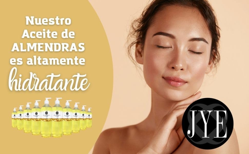 JYE Aceite de Almendra Alta Hidratación 1 Litro. Almendras dulces, aceite corporal natural para todo tipo de piel. Hidratación y elasticidad en tu piel de rostro y cuerpo.