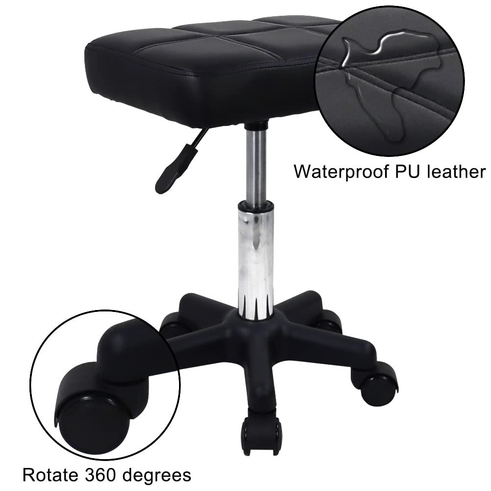 FURWOO - Taburete giratorio rectangular con ruedas, altura ajustable, para spa, salón de masaje, color negro