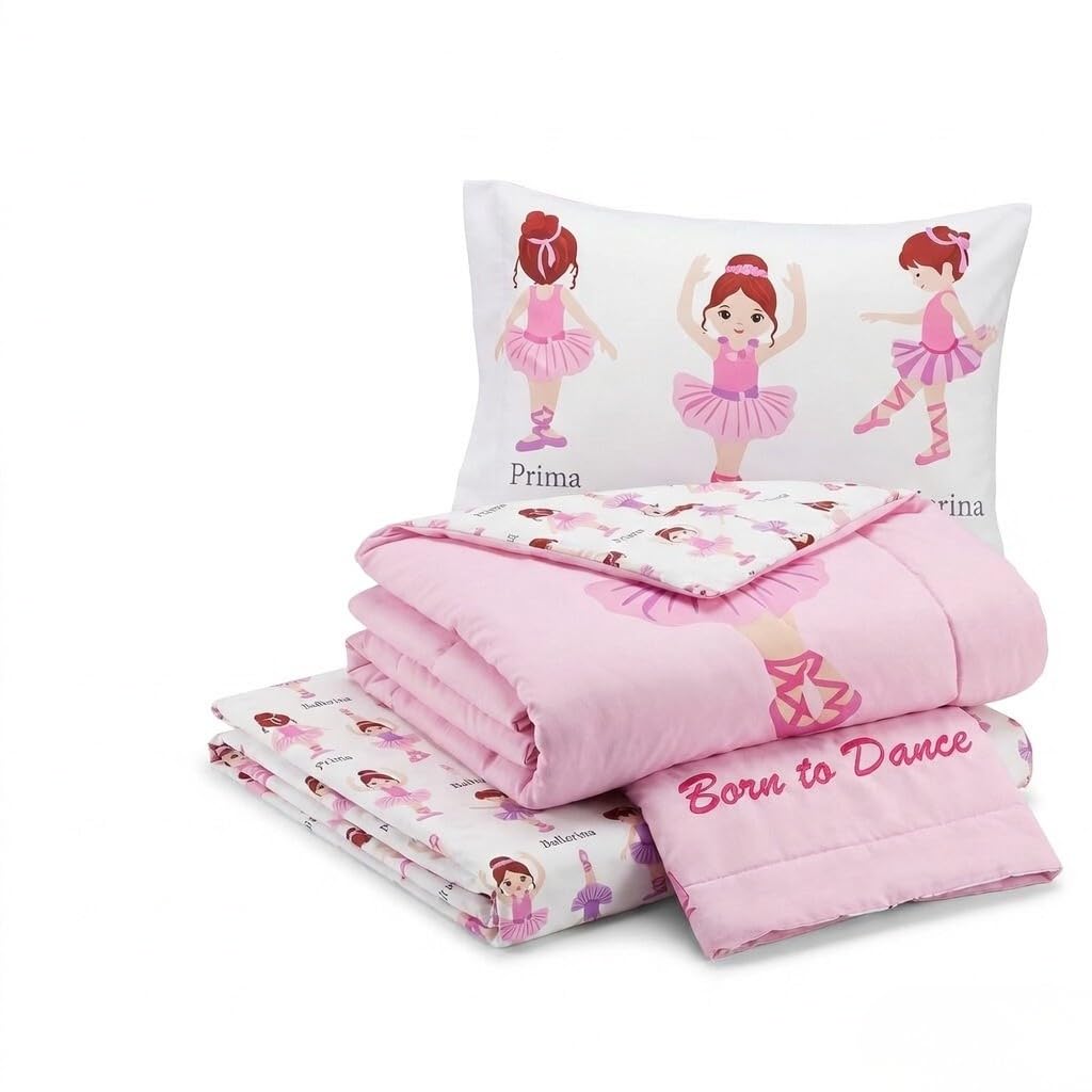 EVERYDAY KIDS Juego de ropa de cama de 4 piezas para niños pequeños - Born to Dance Ballerina - Incluye edredón, sábana plana, sábana ajustable y funda de almohada reversible
