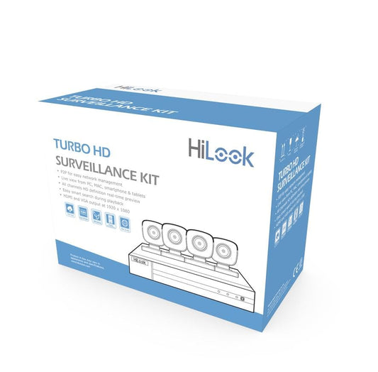HiLook Kit de Vigilancia CCTV, DVR 4 Canales, 4 Camaras Bala, 2MP, IP66, con Accesorios