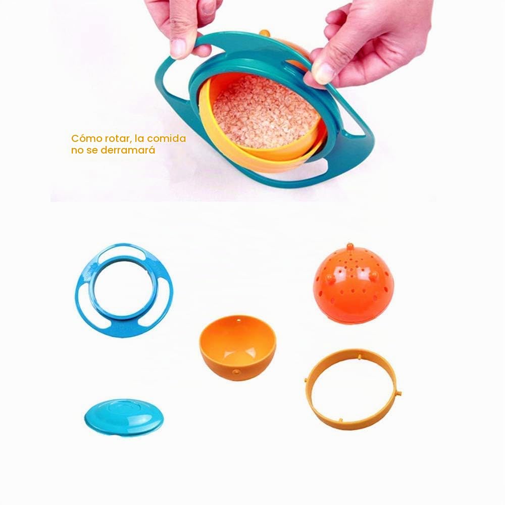 ESH7 - Tazón giratorio divertido de 360 grados a prueba de derrames con tapa de alimentación sin desorden (azul)