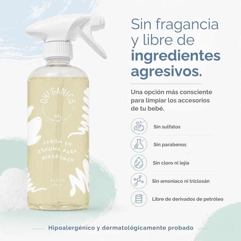 OH! GANICS Jabón Espuma para Biberones 500 ml, Ligera y Sin Fragancia