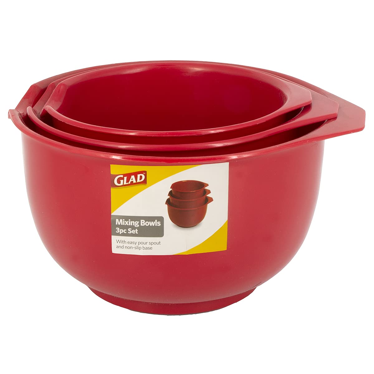 Glad Cuencos para mezclar con boquilla de vertido, juego de 3, diseño de anidación que ahorra espacio, antideslizantes, sin BPA, aptos para lavaplatos, suministros de cocina y horneado, color rojo
