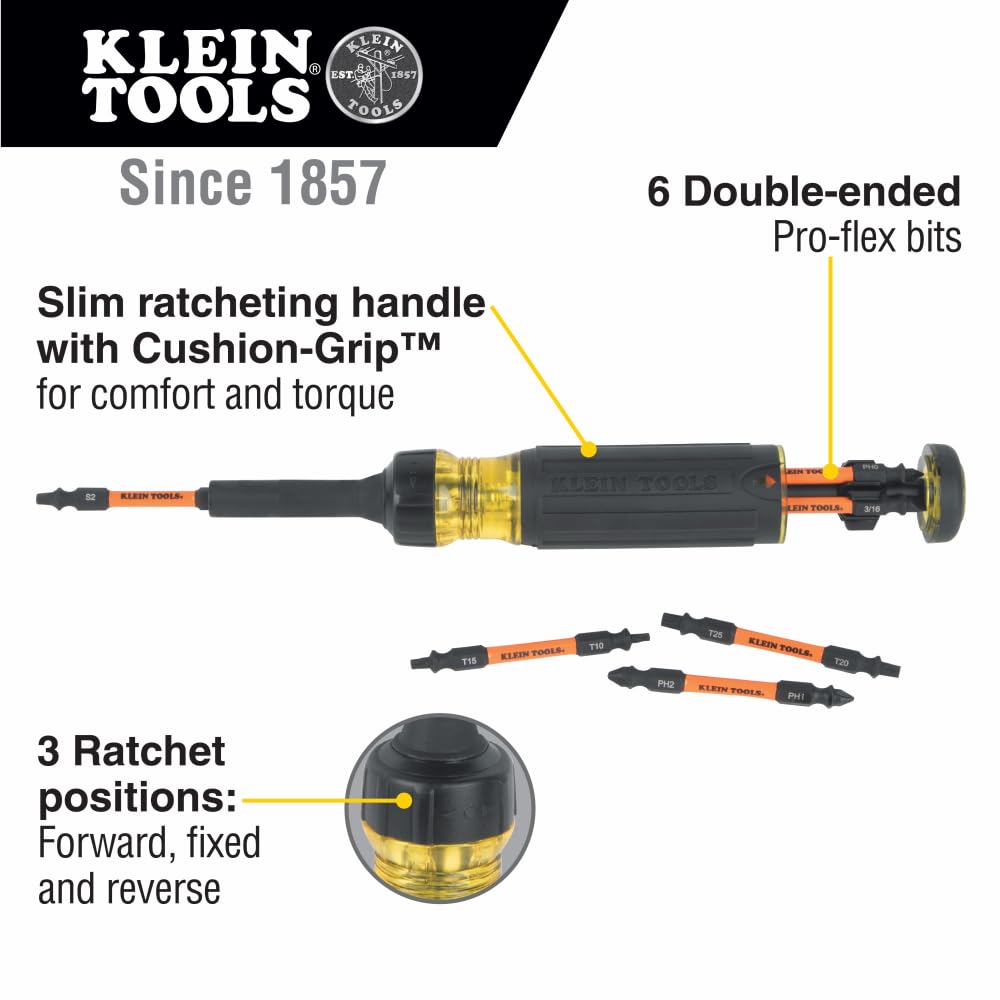 Klein Tools - Destornillador de carraca de múltiples bits, 32313HD, herramienta de impacto 13 en 1, con 6 puntas de doble extremo y destornillador de tuerca de 0.6 cm