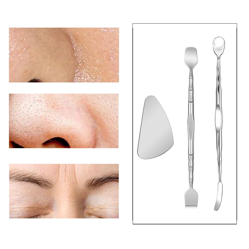 NentMent Paquete De 3 Herramientas Para Preparar Poros, Removedor De Puntos Negros, Raspador Facial De Acero Inoxidable, Espátula Para Piel, Kit De Herramientas Para Reventar Granos, Extractor De Gran