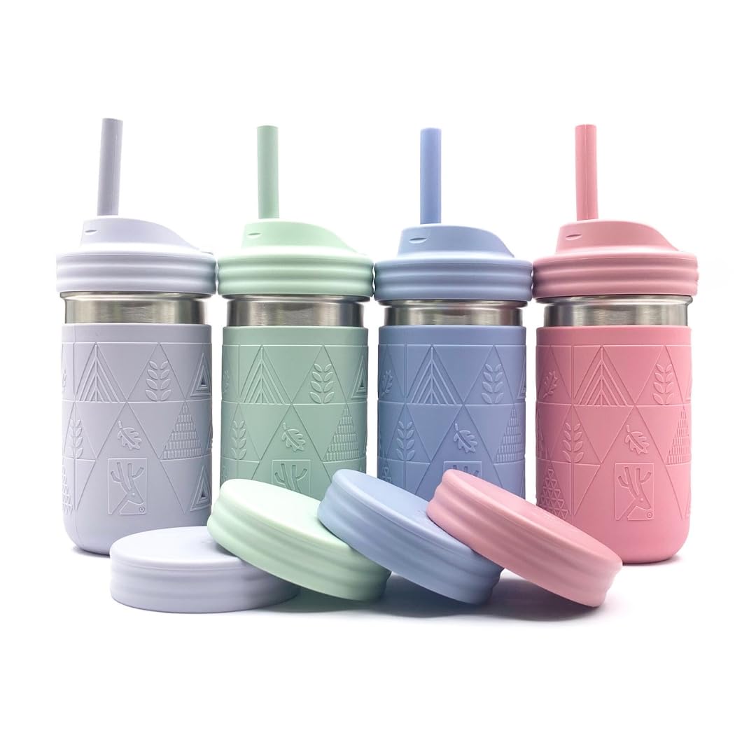 Elk and Friends Vaso para beber de acero inoxidable para niños y niñas, 400 ml, tarro de conserva original con fundas y tapa, pajitas de silicona, para batidos, frasco de almacenamiento, a prueba de