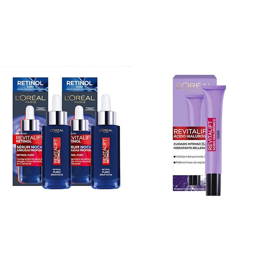 L'OREAL PARIS Kit 2 pack sérum Revitalift Retinol puro anti-arrugas 30ml,Blanco + Crema para ojos anti-líneas de expresion Revitalift Ácido Hialurónico de L'Oréal Paris, 15 ml
