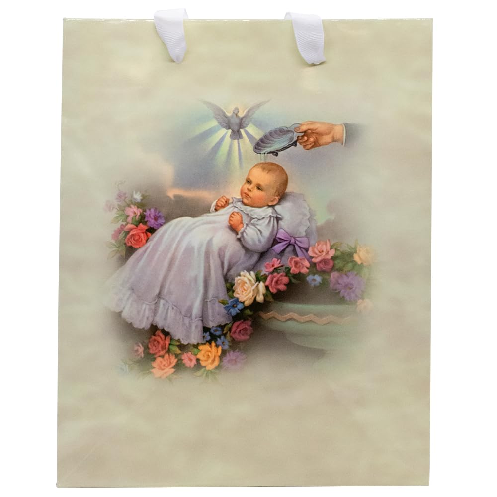 Bolsa de regalo de 10 pulgadas con diseño de bautismo | Incluye papel de seda y etiqueta de regalo | Gran envoltura de regalo para ocasiones católicas y cristianas | Bautismo, bautizo y baby shower