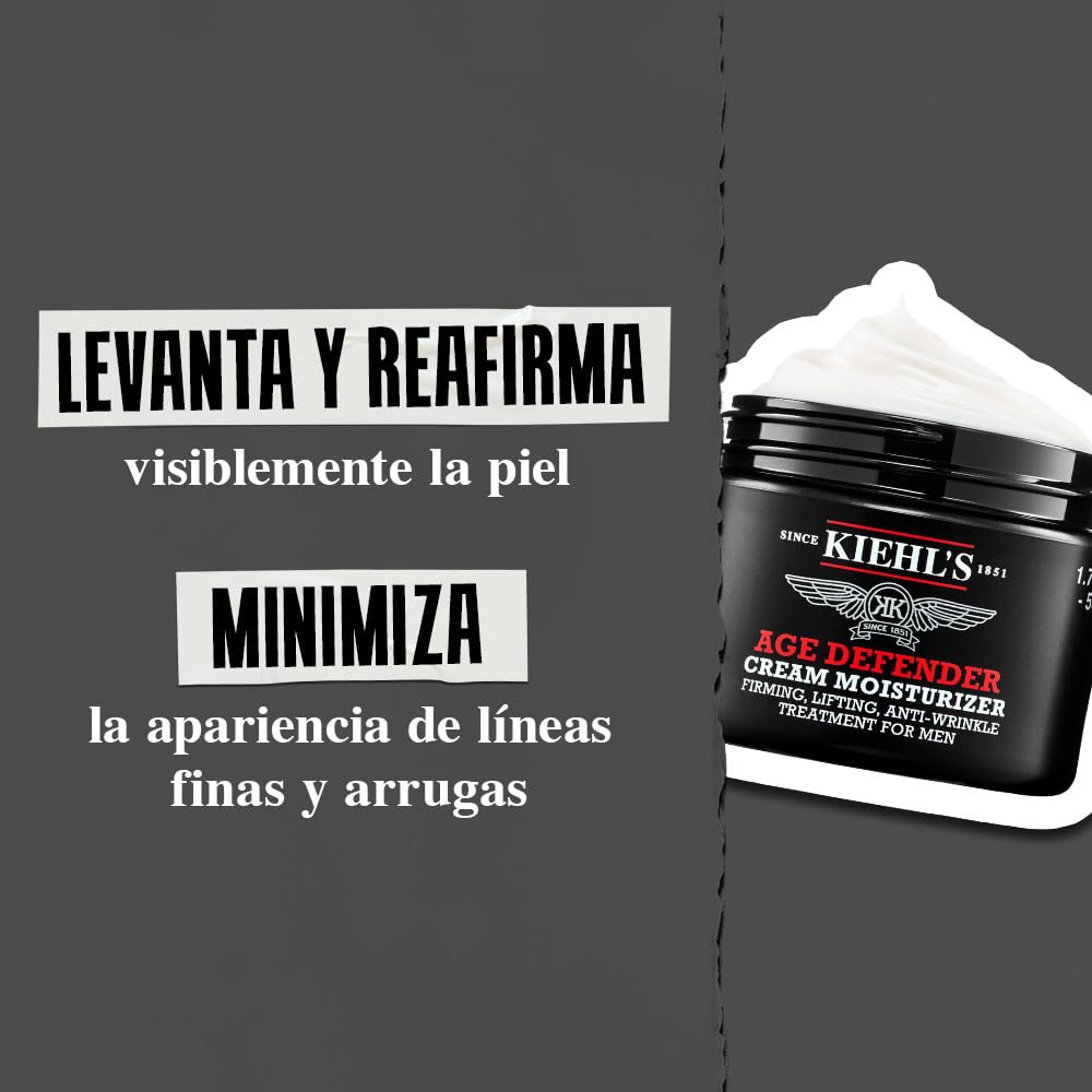 Kiehl's Age Defender Face Cream, Crema Facial Hidratante Antienvejecimiento para Hombres, reduce la apariencia de las líneas de expresión y las arrugas, Con Linaza, Cafeína y Ácido Capriloilsalicílico, 50 ml