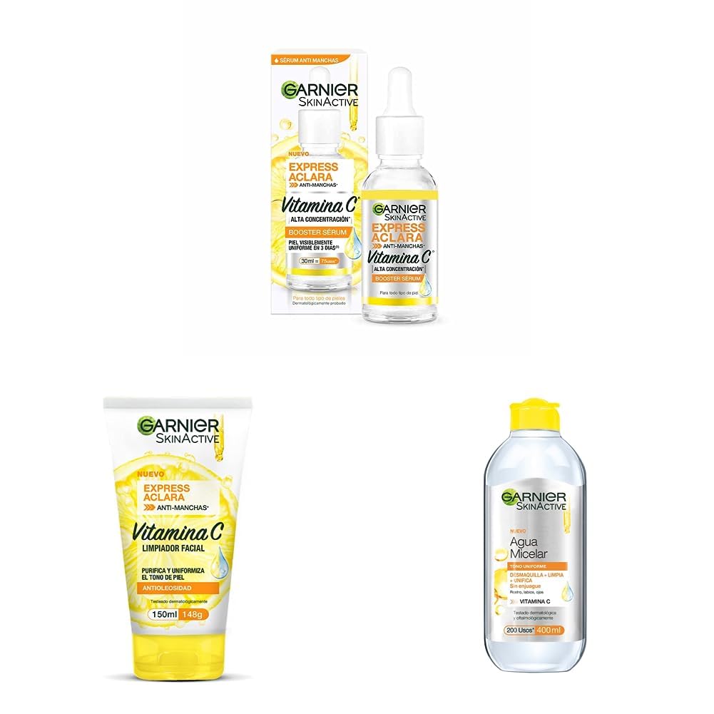 Garnier Skin Active Express Aclara Serum Anti Manchas con Vitamina C - 1 x 30 ml + or Facial Tono Uniforme 170 grams, 150 mililitro, 1 + ls Face Express aclara tono uniforme Agua Micelar