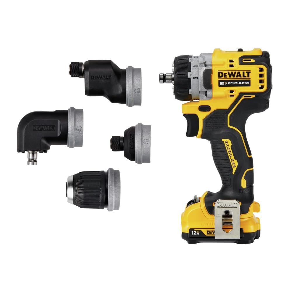 DEWALT 12V MAX* XTREME Kit de taladro/destornillador 5 en 1 sin escobillas, múltiples cabezales de cambio rápido, transmisión de 2 velocidades (DCD703F1)