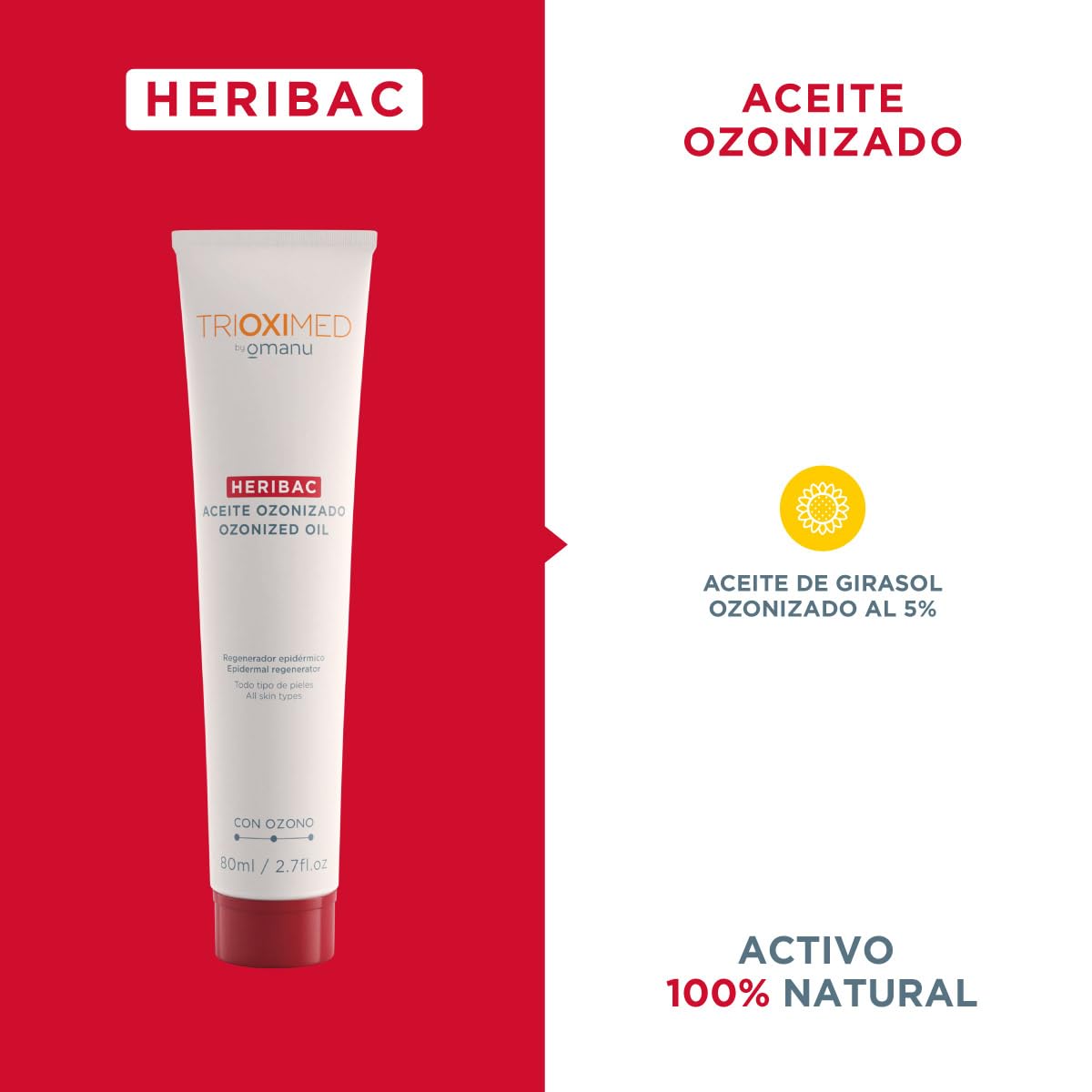 TRIOXIMED Aceite de Ozono Heribac 80 Ml | Auxiliar en heridas primer y segundo grado, como: pie y uña diabético y quirúrgicas | Hidrata la herida | Microbicida de alto espectro | Regeneración piel | Efecto antiinflamatorio | No genera resistencia microbia