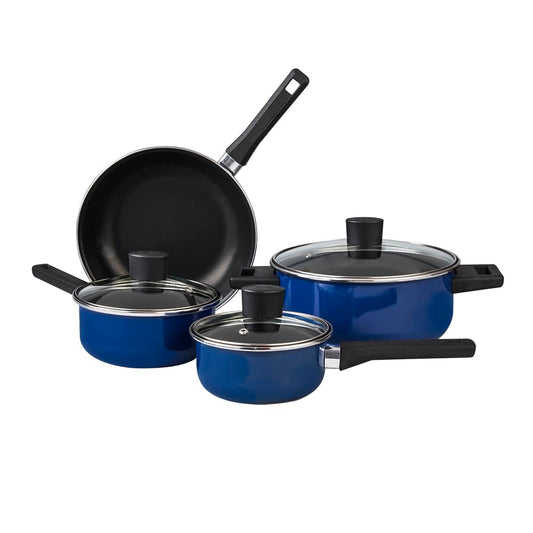 Cinsa Batería de Cocina San Isidro 7 piezas, peltre pesado con antiadherente, tapas de vidrio templado, compatible con estufa de inducción, Azul (San Isidro)