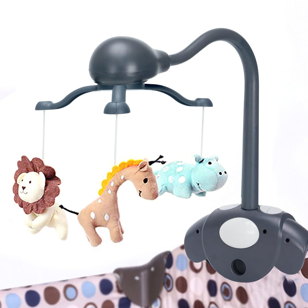 Hougyi Baby Music Mobile for Crib Playpen with Nursy Lights,Relaxing Music and Natural Sounds. Includes Light Projector with Stars and Shapes. Newborn Nursery Toys with Cradle Vibration. (Grey)