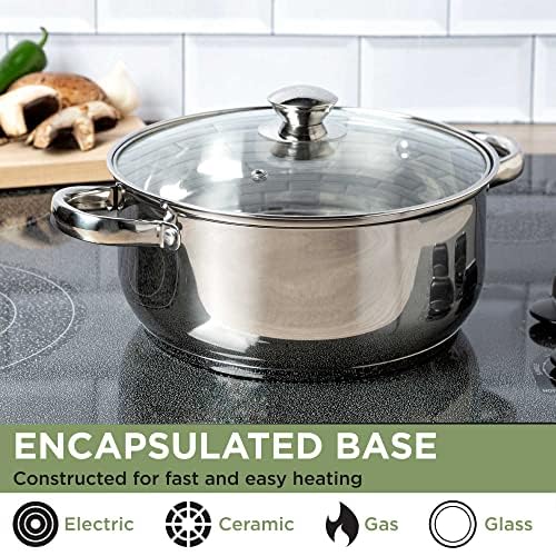 Ecolution Olla de acero inoxidable con parte inferior encapsulada a juego con tapas ventiladas de vidrio templado, hecha sin PFOA, apta para lavavajillas, 5 cuartos de galón, color plateado