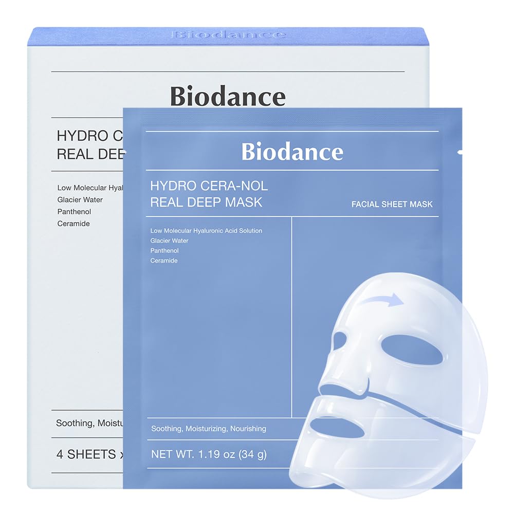BIODANCE Mascarilla Facial de Hidrogel Hydro Cera-nol Real Deep Mask - Hidratante con Ácido Hialurónico, Pantenol y Ceramida para Piel Sensible 4 Piezas