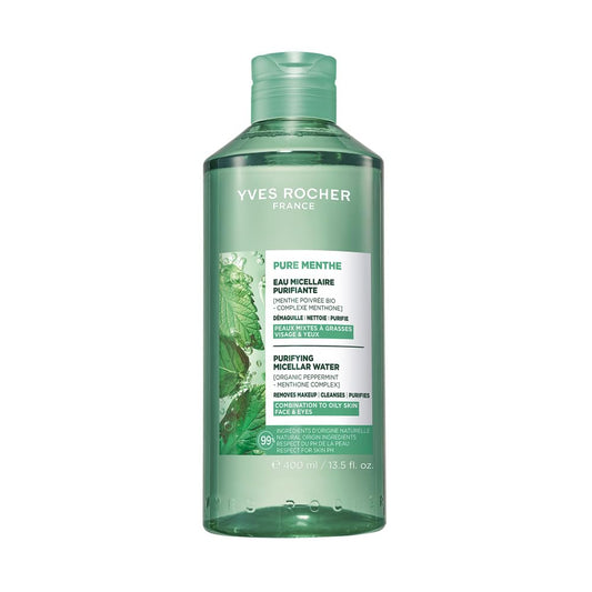 Yves Rocher Agua Micelar Desmaquillante Purificante Pure Menthe, Piel Mixta a Grasa, Elimina impurezas y maquillaje, Vegana, 400 ml