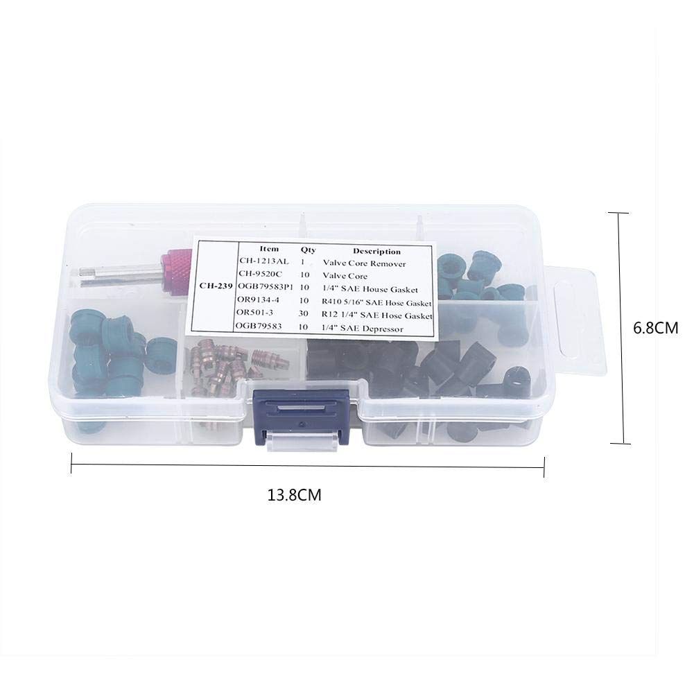 FTVOGUE 71pcs Herramienta de reparación del Kit de reparación de Aire Acondicionado 10pcs núcleos de válvula + 50pcs Juntas de Manguera + 10pc válvulas con Caja de Almacenamiento