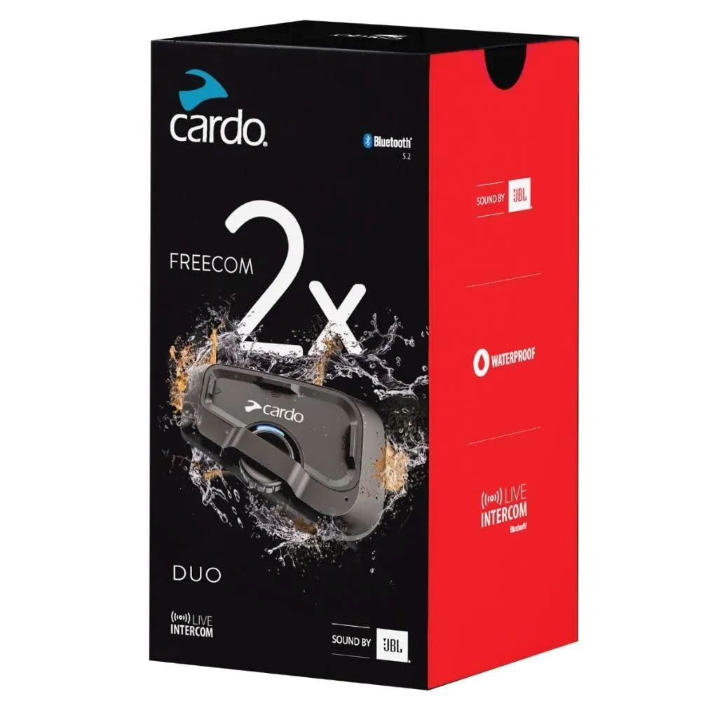Cardo Systems FREECOM - 2 Cascos de Motocicleta con Sistema de comunicación Bluetooth de 2 vías, conectividad Bluetooth Universal, Impermeable, Altavoces de 40 mm, Paquete Doble