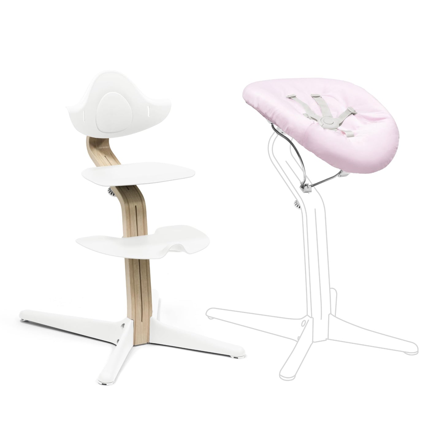 Stokke Nomi Silla (Blanca) + Newborn Set (Blanco/Rosa Grisáceo) - Incluye un Arnés de Seguridad de Cinco Puntos y Un Set de Tela Reversible y Lavable - Soporta hasta 150 kg