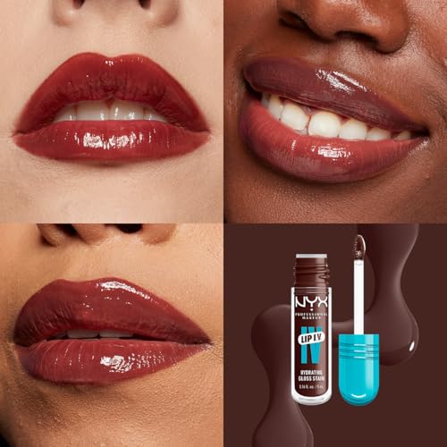 NYX Professional Makeup, LIP IV Gloss Serum Hidratante, Tono: Mocha Me Wet. Tinta de Labios hidratante con alto pigmento infusionado con agua de coco y magnesio. Fórmula vegana.