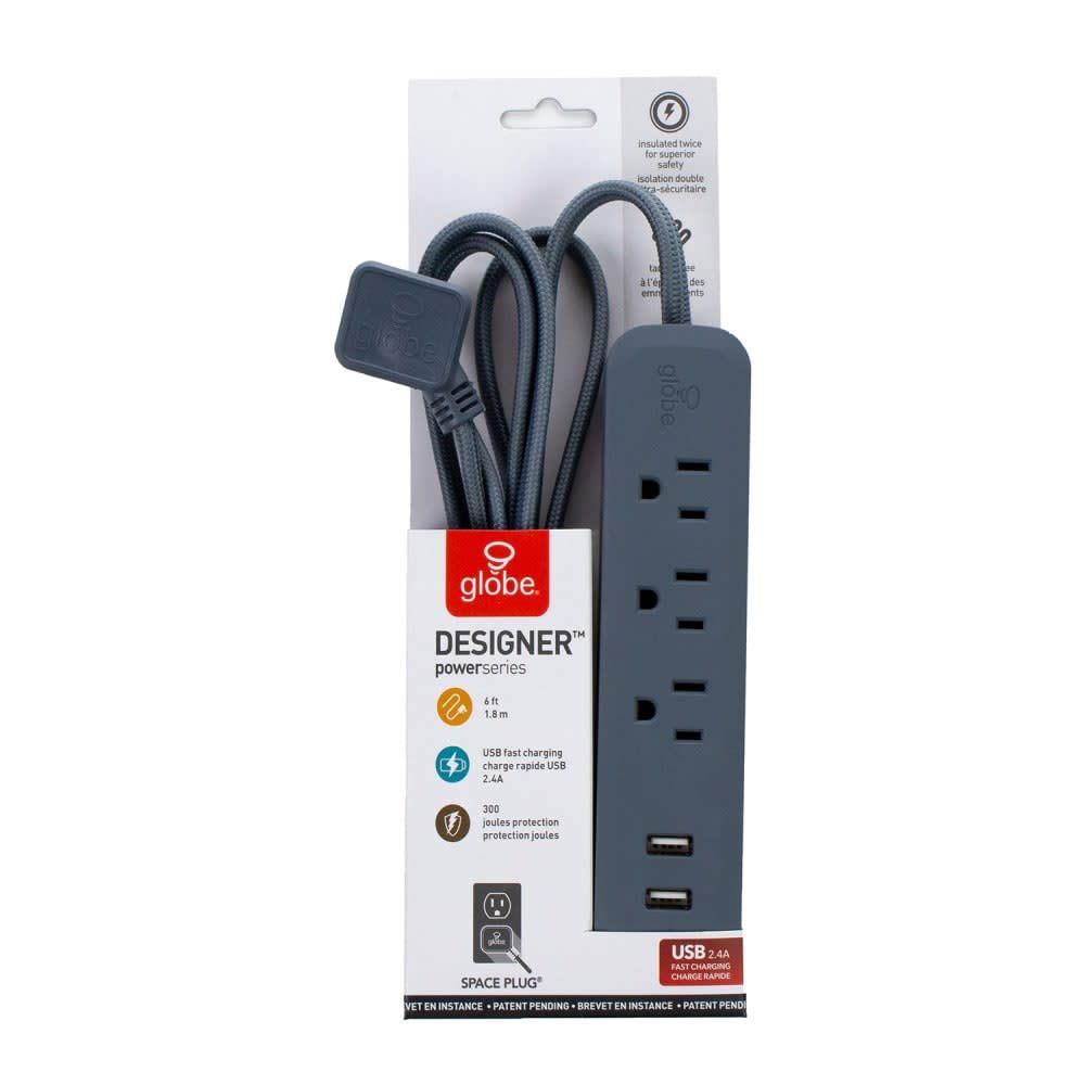 Globe Electric Designer Series multicontacto con 3 salidas de alimentación, 2x puertos USB, 78249, acabado en color negro, Rosa