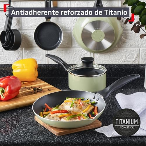 Batería de Cocina T-fal Verde Lichen con Antiadherente Titanium y Tecnología Thermo Señal de 26 Piezas