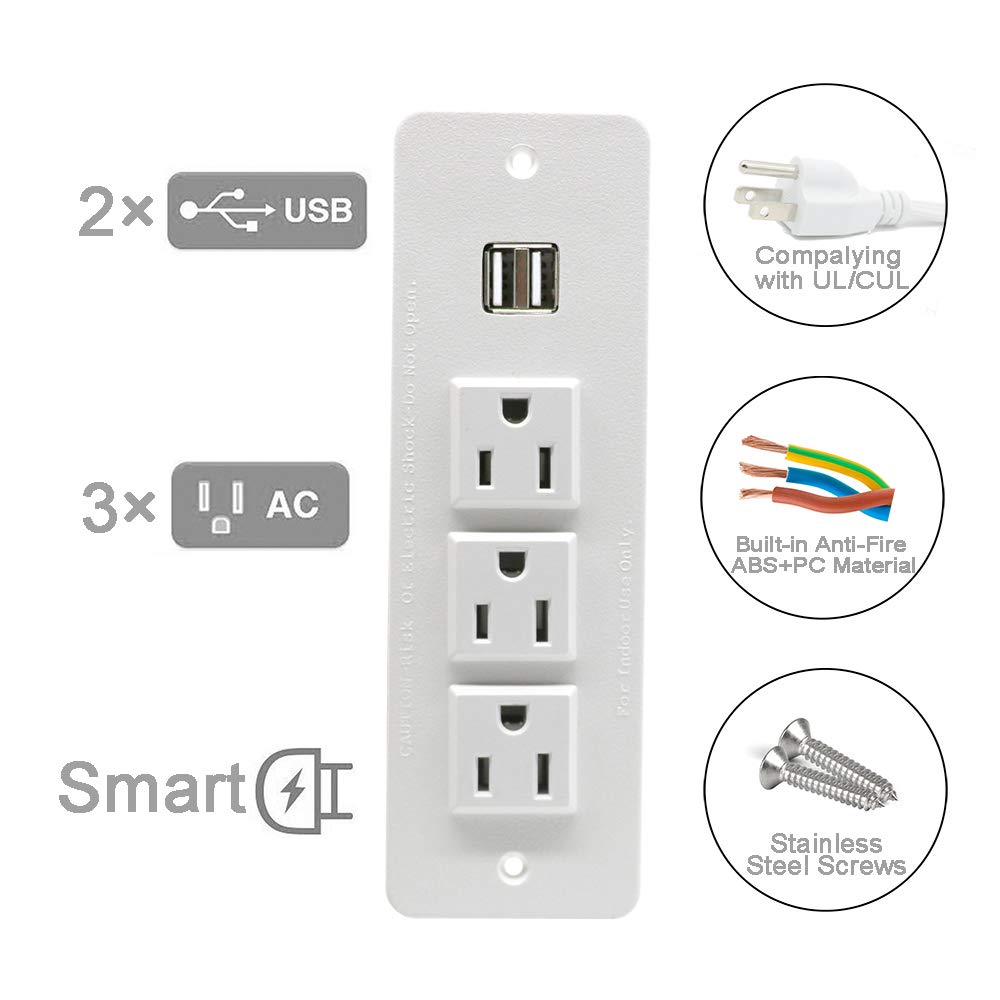 Regleta Tira de Energía Empotrado Oculto Montado 3 Tomas de Tierra Salida 2 USB con Interruptor 3 Metros de Cable de Alimentación para Escritorio Mesa de Conferencias Gabinete Sofá (3AC&2USB White)