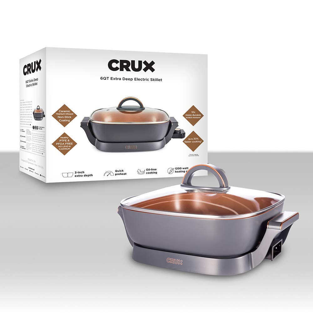 CRUX - Sartén eléctrica con tapa de vidrio, sartén de cerámica antiadherente resistente a los arañazos, extra profunda con sonda de temperatura extraíble, 12 x 12 pulgadas, 1400 vatios, última