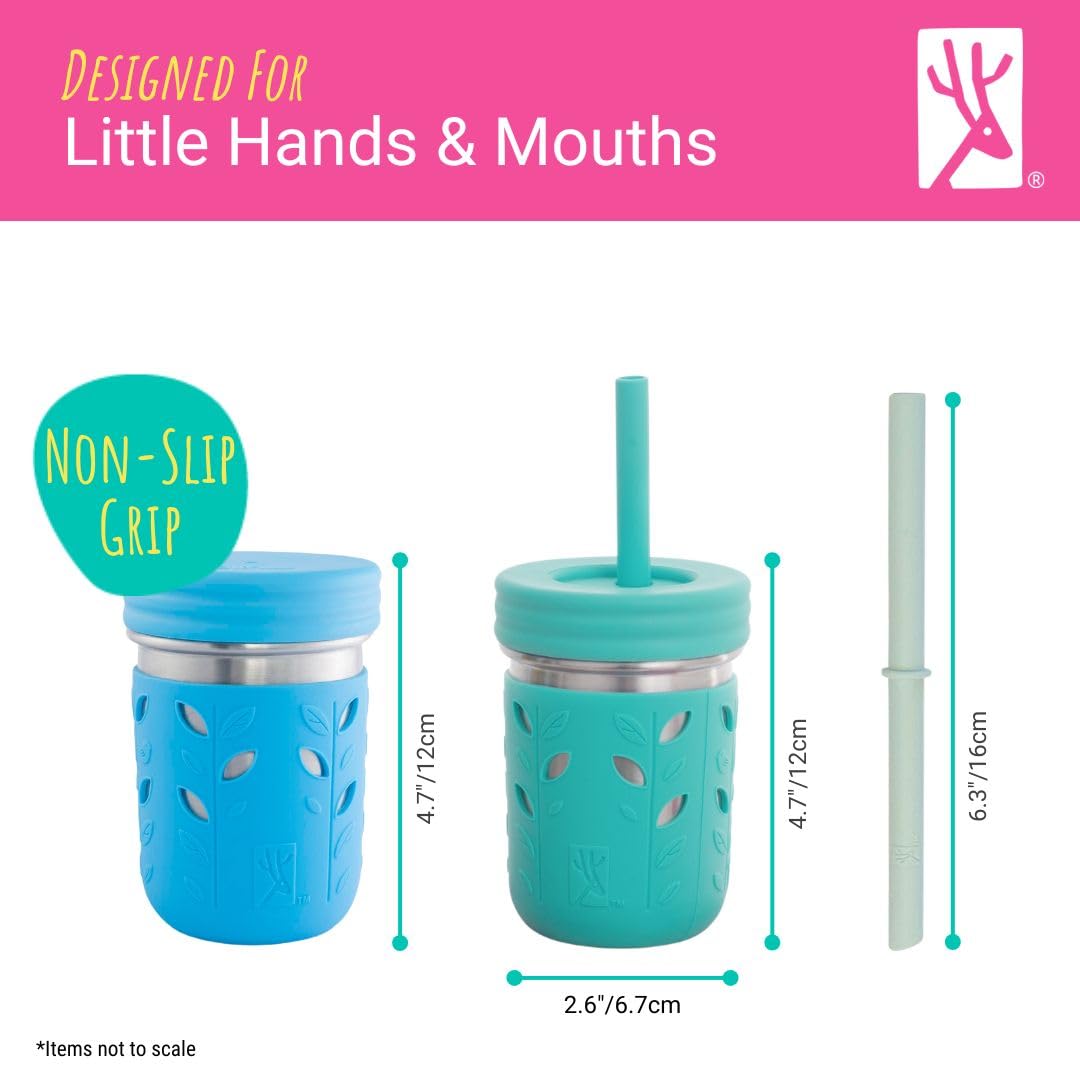 Elk and Friends - Vasos de Acero Inoxidable de 10 Onzas para Niños y Niños Pequeños, El Tarro Original de Mason con Mangas + Tapas, Pajitas de Silicona, Batidos, Tarro de Almacenamiento, Resistente a