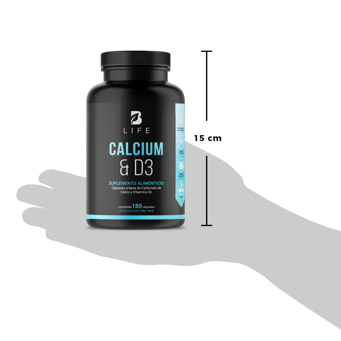 Calcio y Vitamina D3 concentración de 1500 mg de Carbonato de Calcio (equivalente a 600 mg de Calcio). Ingredientes Naturales en 180 Cápsulas. Calcium & D3 B Life