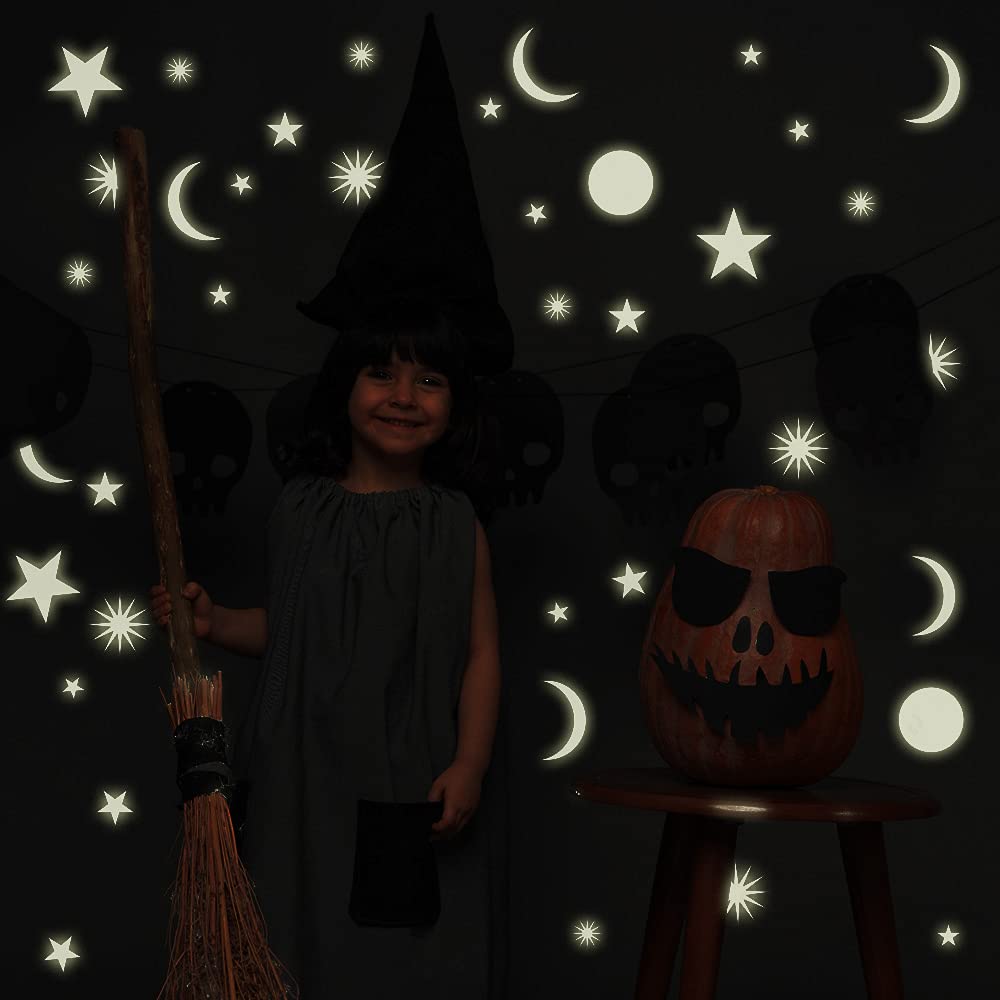 Calcomanías para pared de Halloween con luna mágica y estrellas que brillan en la oscuridad, despegar y pegar